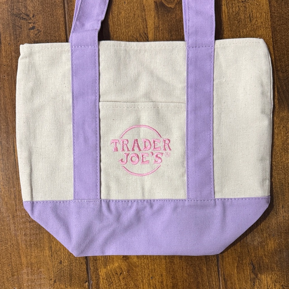 Trader Joe’s mini canvas tote in Purple and Cream